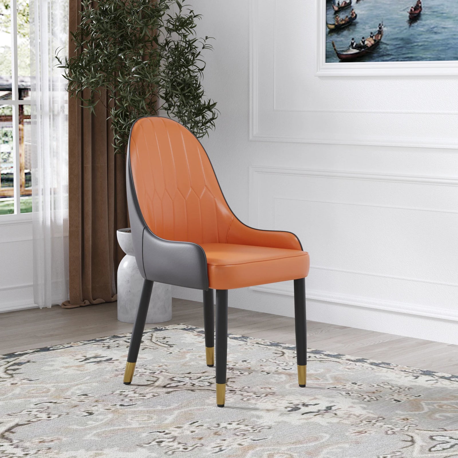 Silla de comedor vegana con respaldo completo | Cuero sintético naranja (juego de 2)
