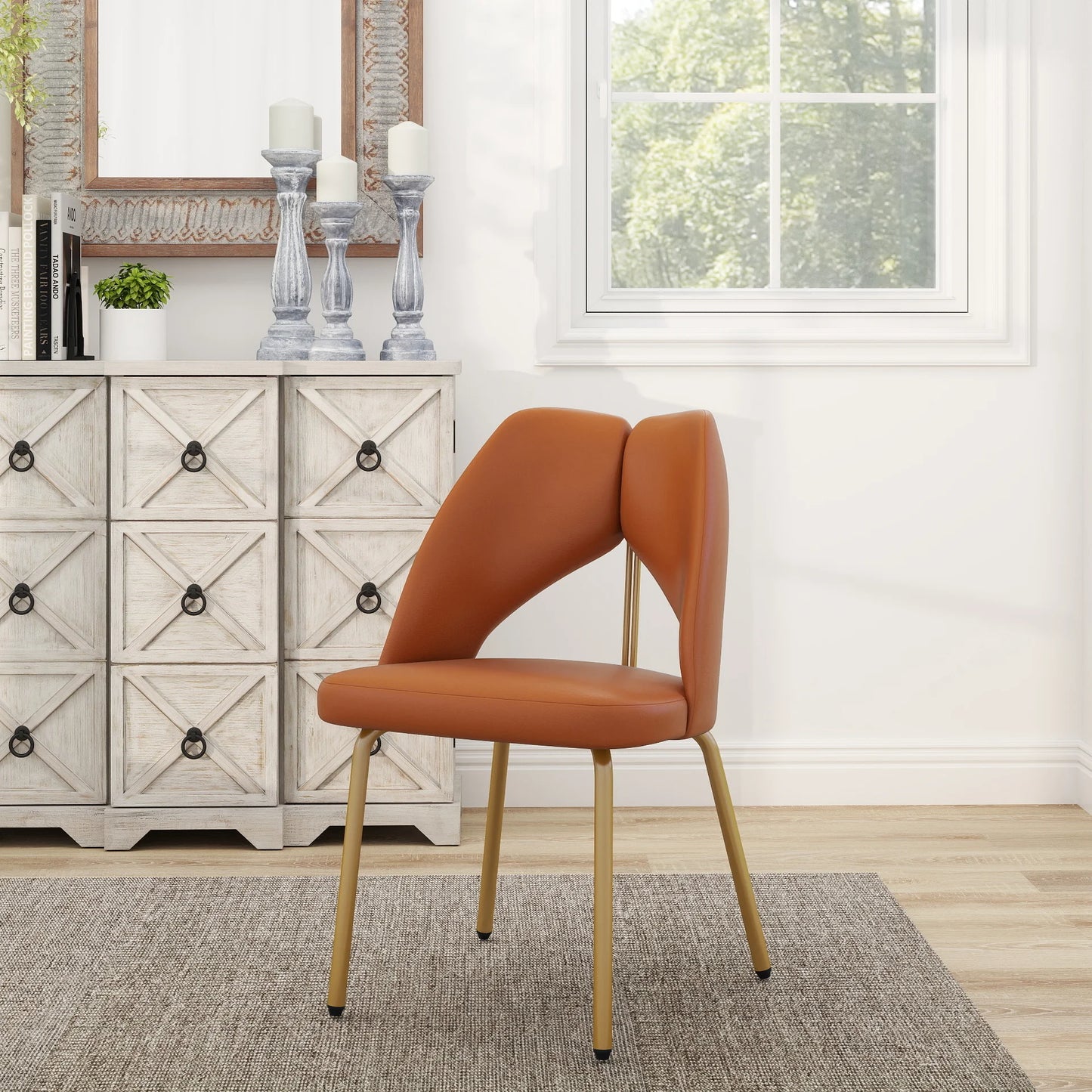 Vegan Open Back Dining Chair | Orange PU Leather Set of 2