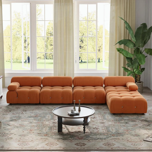 Matrix Minimalist Modular Sofas | Orange Velvet Couch Sectionals 4-seaters with 1 Ottoman