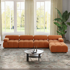 Matrix Minimalist Modular Sofas | Orange Velvet Couch Sectionals 4-seaters with 1 Ottoman