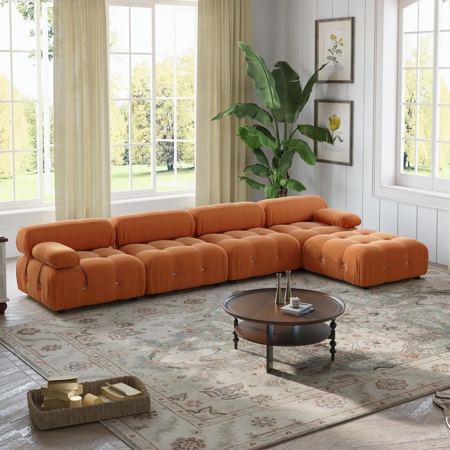 Sofá modular en forma de L Matrix de 4 plazas, color naranja oscuro | 5 piezas (incluye 1 otomana), tejido de terciopelo, diseño espacioso