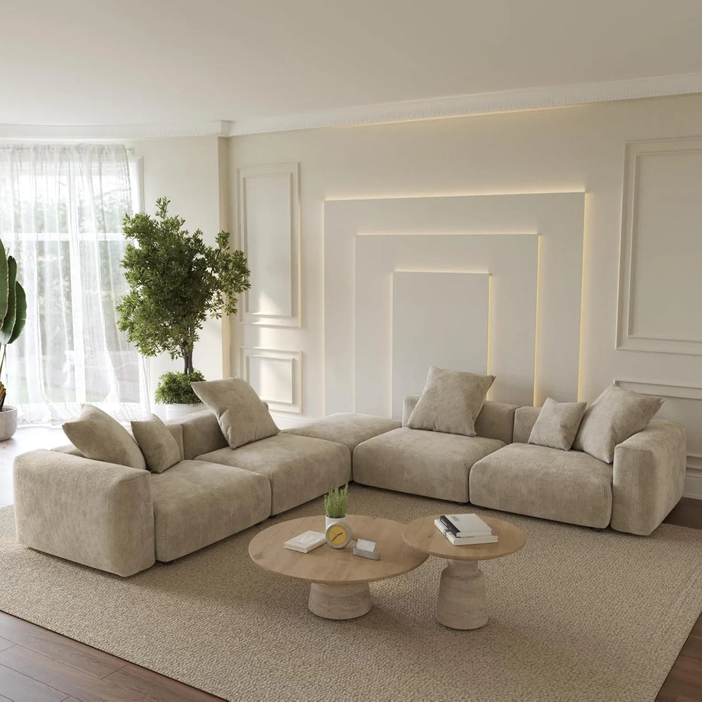 Matrix Modern Modular Sofas | Beige Corduroy L shaped Sectionals 4-seaters with 1 Ottoman