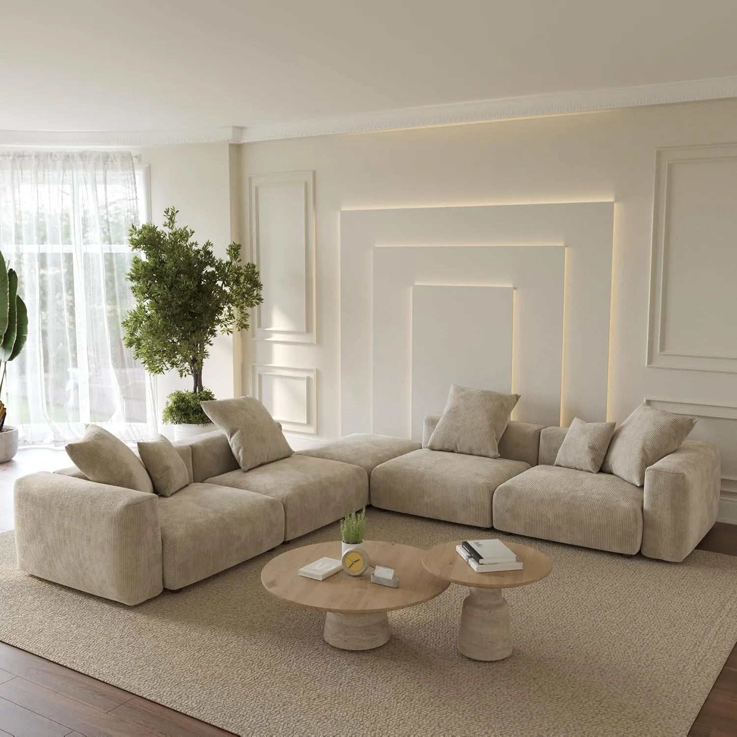 Sofá modular Matrix de 4 plazas, color beige, lavable, en forma de V | 5 piezas (incluye 1 otomana), tejido de pana, diseño modular