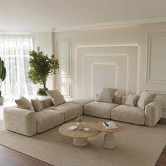 Matrix Modern Modular Sofas | Beige Corduroy L shaped Sectionals 4-seaters with 1 Ottoman