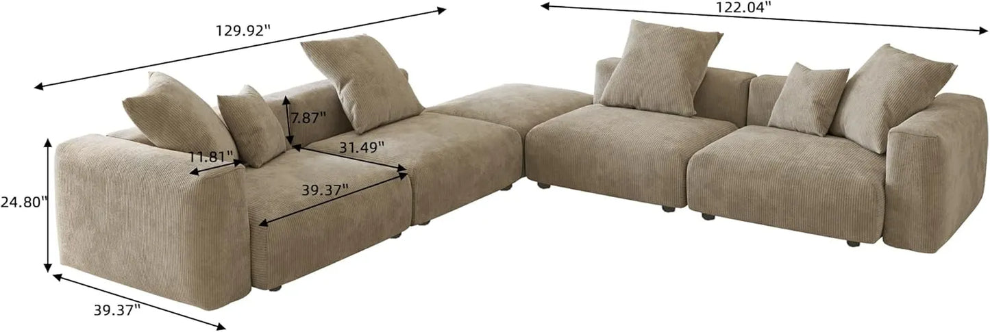 Matrix Modern Modular Sofas | Beige Corduroy L shaped Sectionals 4-seaters with 1 Ottoman