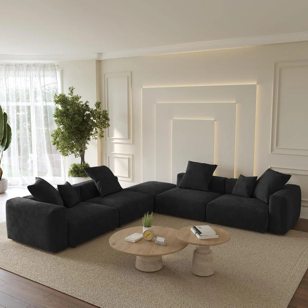 Matrix Modern Modular Sofas | Black Corduroy L shaped Sectionals 4-seaters with 1 Ottoman