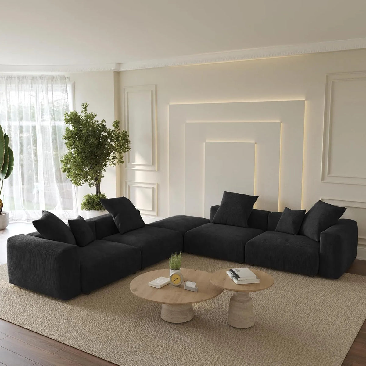 Sofá seccional Matrix de 4 plazas, lavable, en forma de V, color negro | 5 piezas (incluye 1 otomana), tela de pana, diseño modular