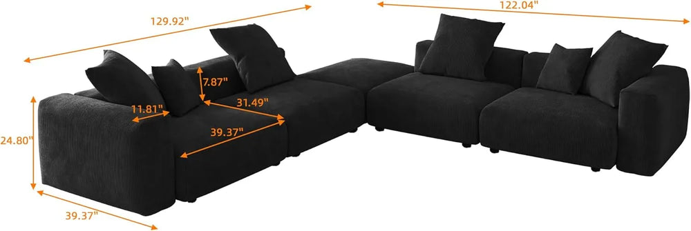 Matrix Modern Modular Sofas | Black Corduroy L shaped Sectionals 4-seaters with 1 Ottoman