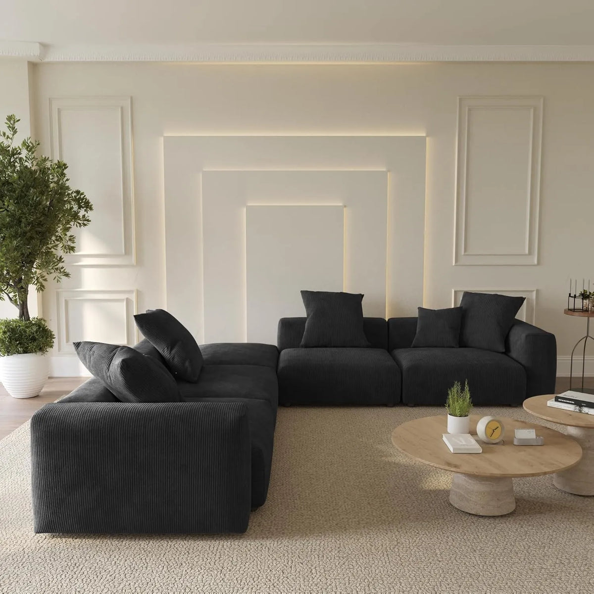 Sofá seccional Matrix de 4 plazas, lavable, en forma de V, color negro | 5 piezas (incluye 1 otomana), tela de pana, diseño modular
