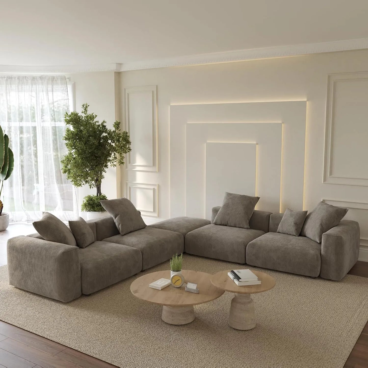 Matrix Modern Modular Sofas | Brown Corduroy L shaped Sectionals 4-seaters with 1 Ottoman