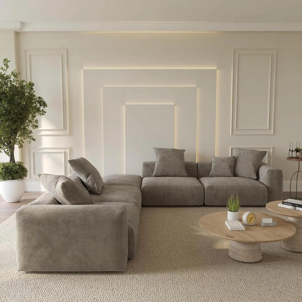 Matrix Modern Modular Sofas | Brown Corduroy L shaped Sectionals 4-seaters with 1 Ottoman