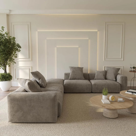Matrix Modern Modular Sofas | Brown Corduroy L shaped Sectionals 4-seaters with 1 Ottoman