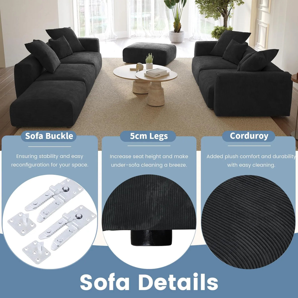 Sofá seccional en forma de U Matrix de 4 plazas, lavable, color negro | Juego de 6 piezas (incluye 2 otomanas), tejido de pana, diseño modular