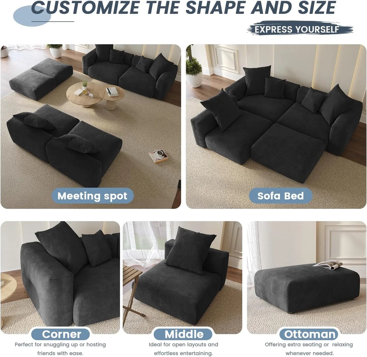 Matrix Modern Modular Sofas | Black Corduroy U shaped Sectionals 6-seaters