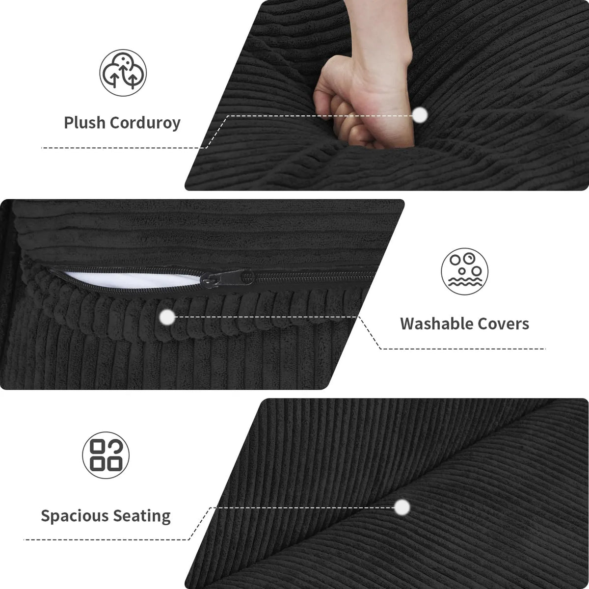 Sofá seccional en forma de U Matrix de 4 plazas, lavable, color negro | Juego de 6 piezas (incluye 2 otomanas), tejido de pana, diseño modular