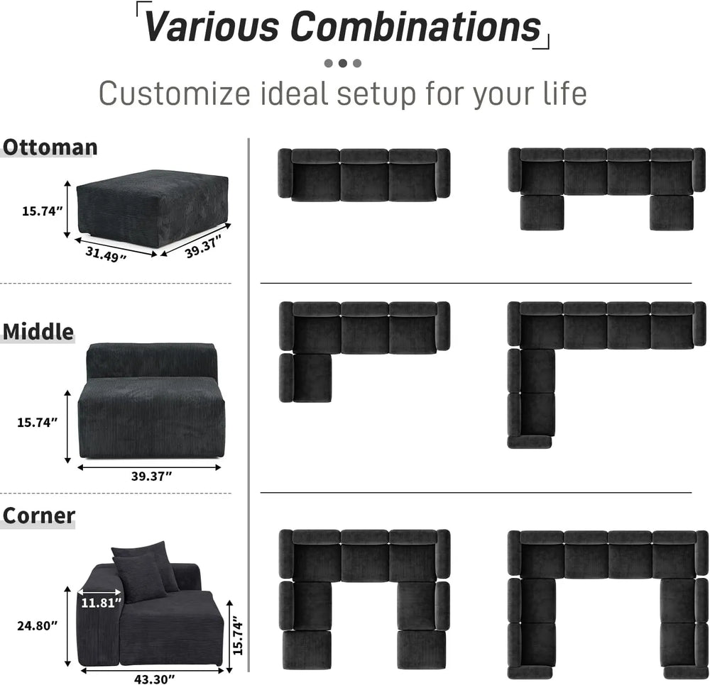 Matrix Modern Modular Sofas | Black Corduroy U shaped Sectionals 6-seaters