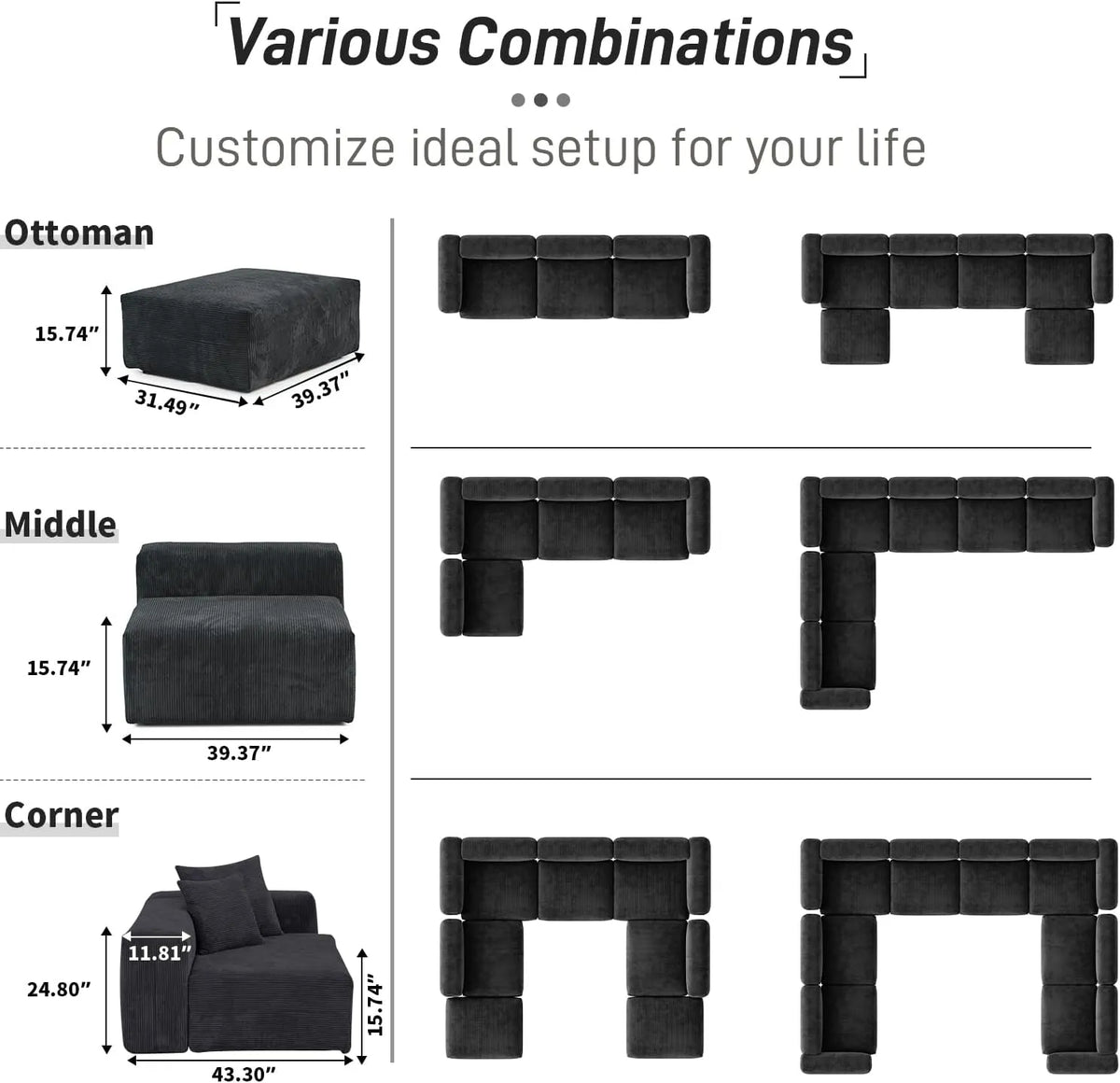 Sofá seccional en forma de U Matrix de 4 plazas, lavable, color negro | Juego de 6 piezas (incluye 2 otomanas), tejido de pana, diseño modular