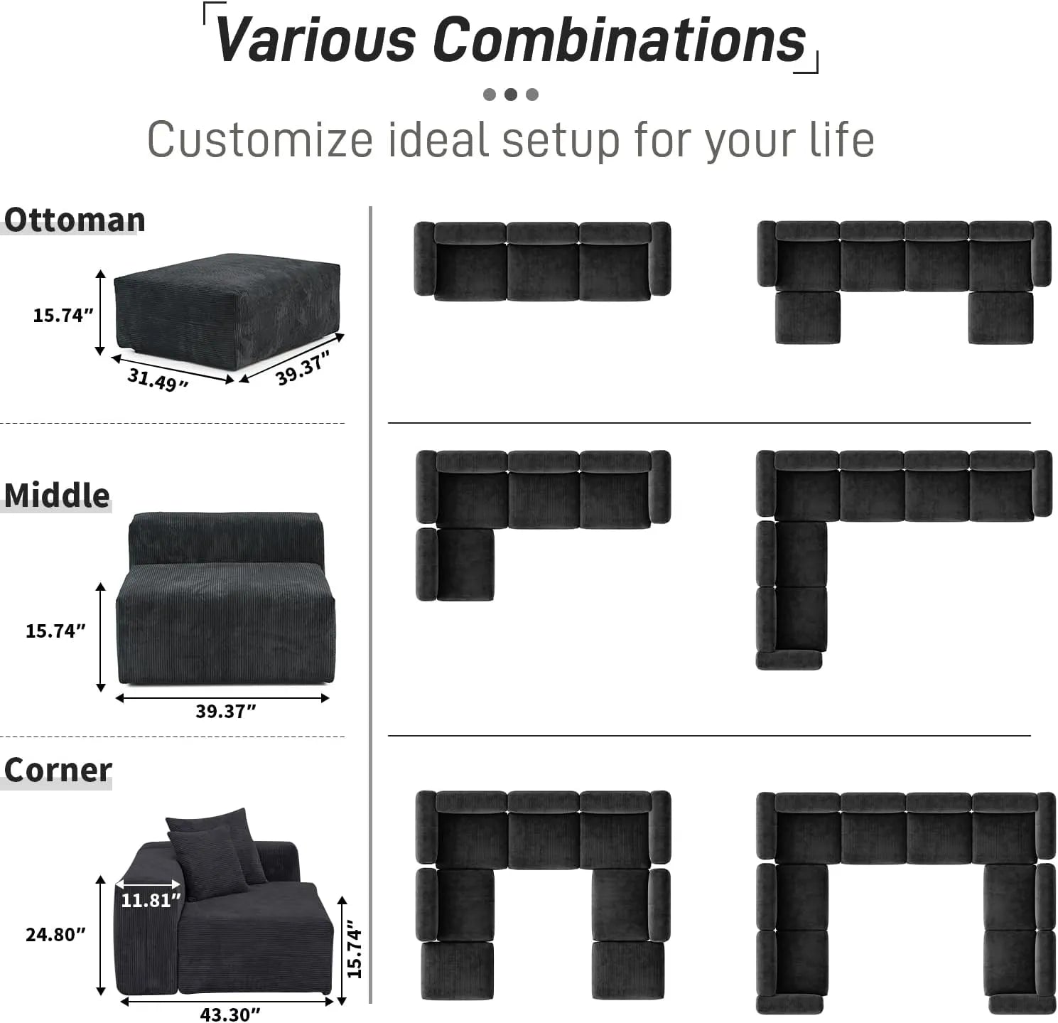 Sofá seccional Matrix de 2 plazas con chaise longue lavable, color negro | 3 piezas (incluye 1 otomana), tejido de pana, diseño modular