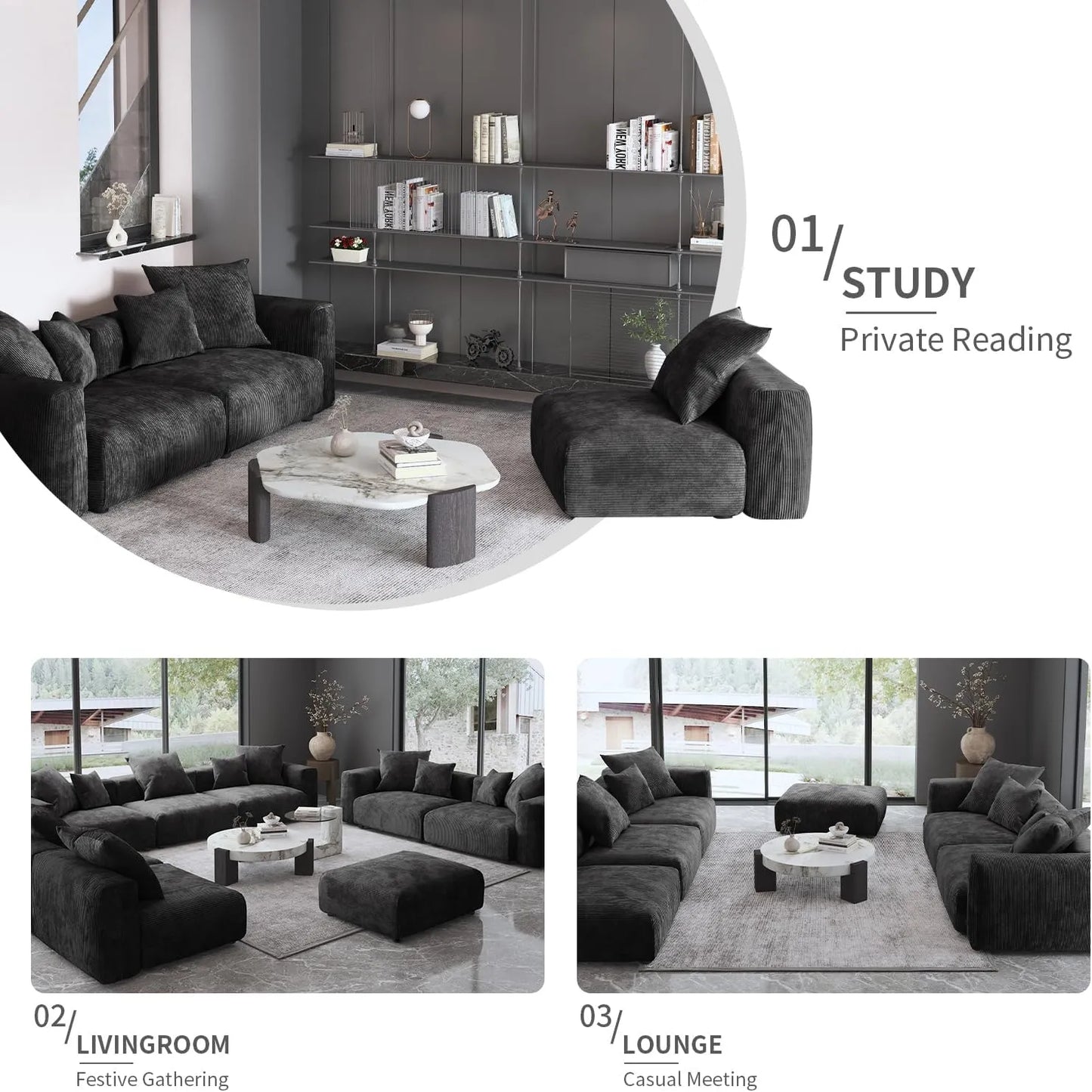 Matrix Modern Modular Sofas | Black Corduroy U shaped Sectionals 6-seaters