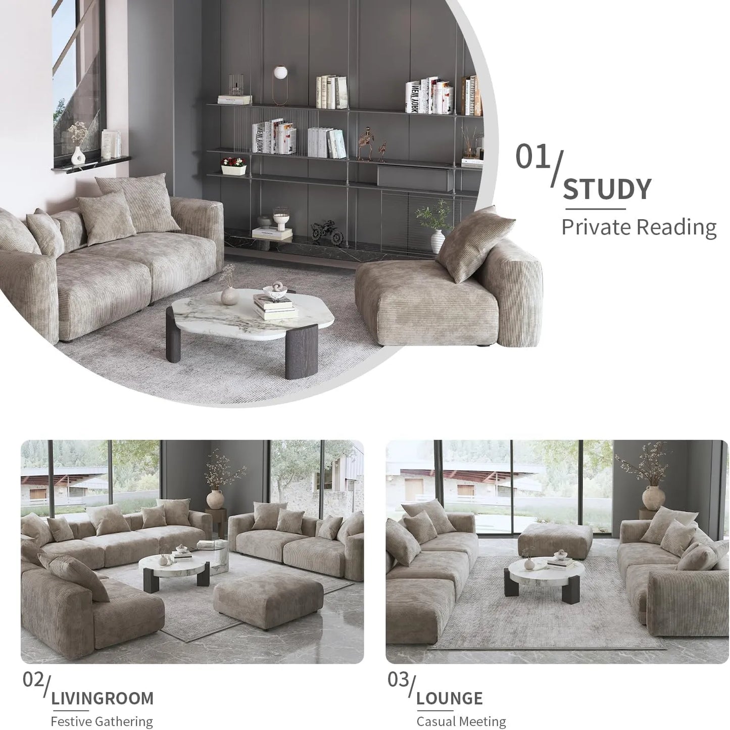 Matrix Modern Modular Sofas | Brown Corduroy U shaped Sectionals 6-seaters