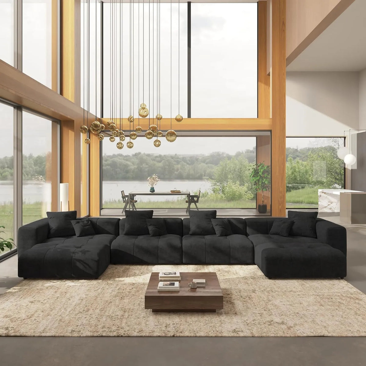 Matrix 4-Seater U-Shaped Sectional in Black Linen | 6-Piece (Includes 2 Ottomans), Family Room Seating, Contemporary Style
