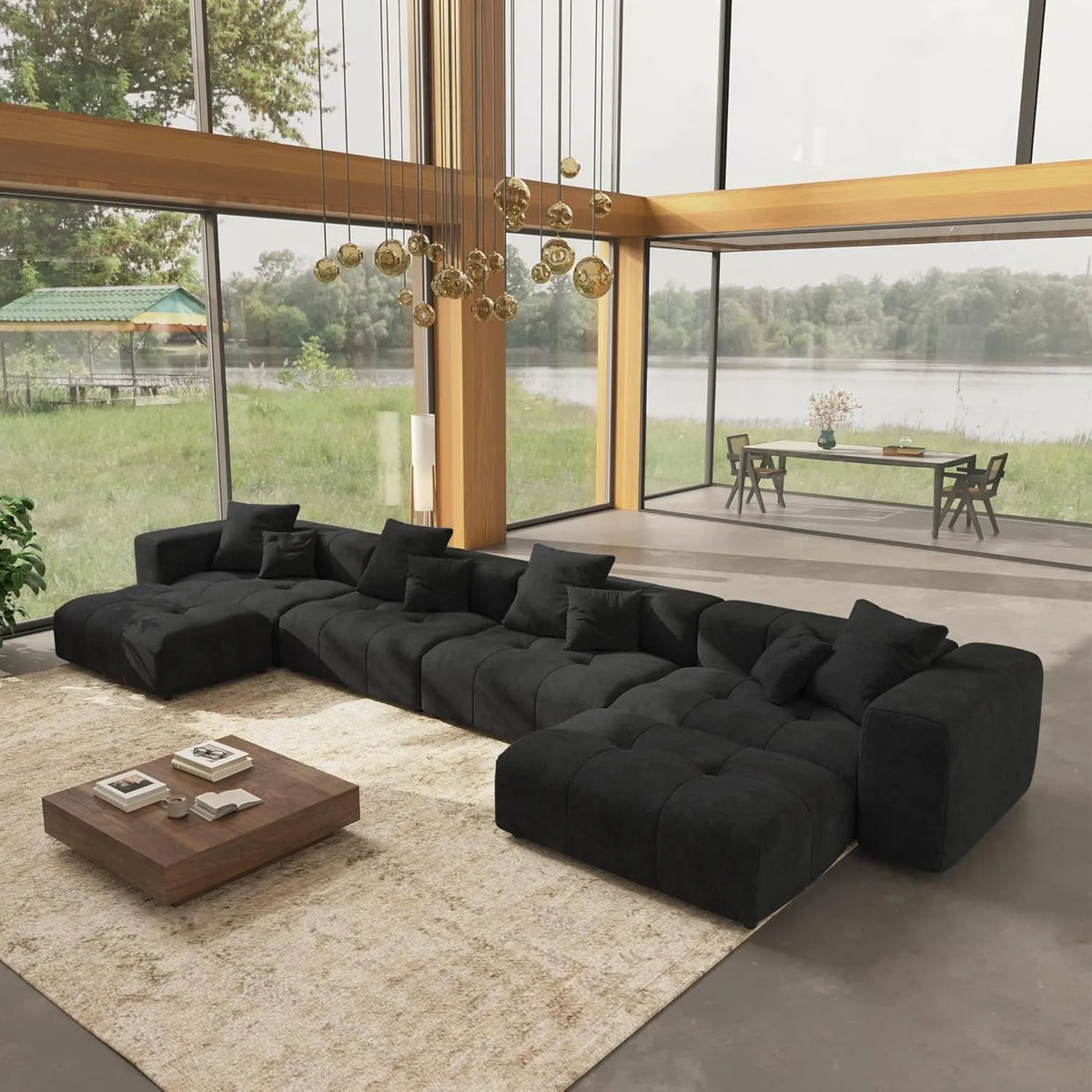 Matrix 4-Seater U-Shaped Sectional in Black Linen | 6-Piece (Includes 2 Ottomans), Family Room Seating, Contemporary Style