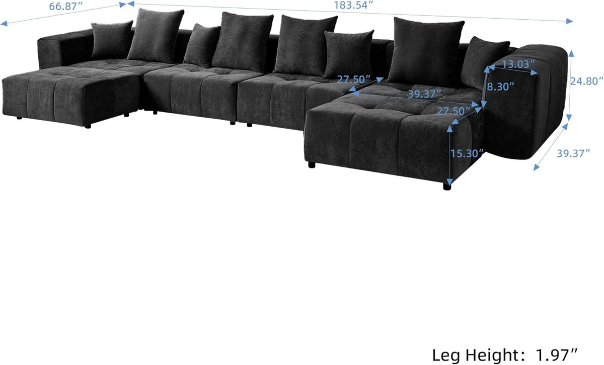 Matrix 4-Seater U-Shaped Sectional in Black Linen | 6-Piece (Includes 2 Ottomans), Family Room Seating, Contemporary Style