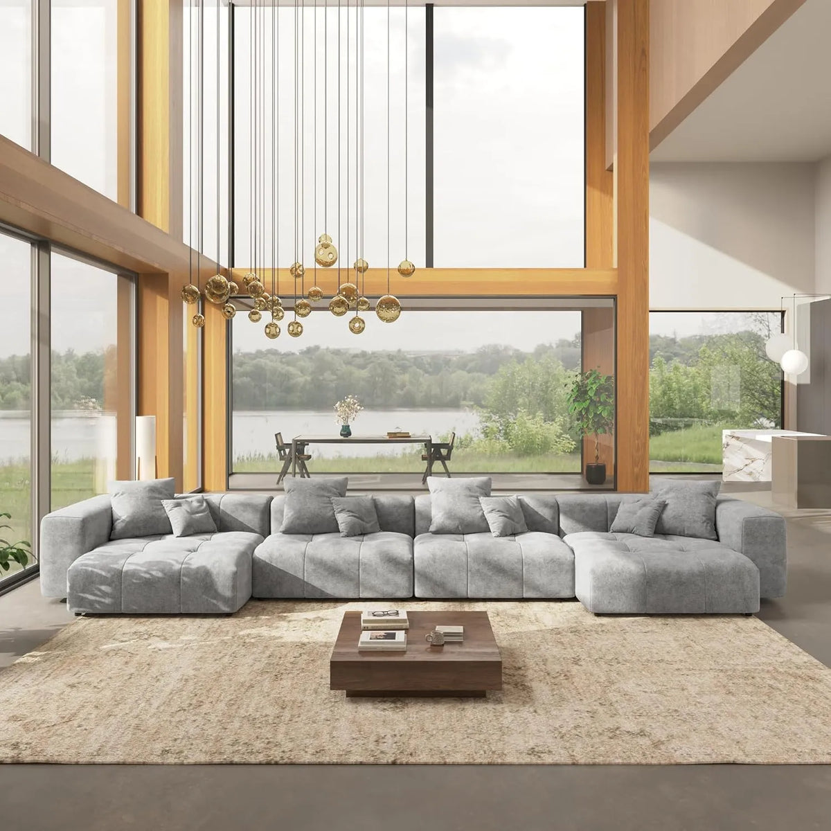 Matrix 4-Seater Light-Grey U-Shaped Sectional | 6-Piece (Includes 2 Ottomans), Linen Fabric, Family Room Seating