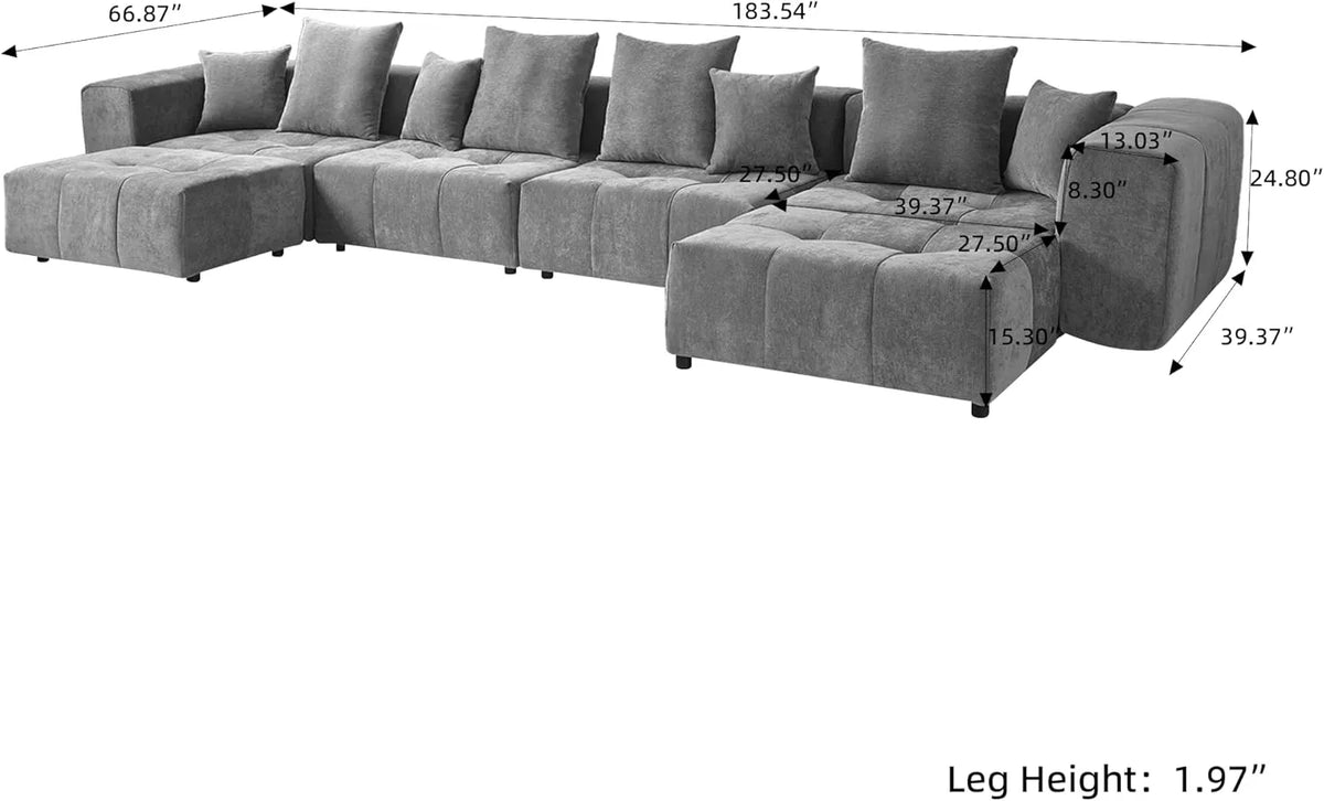 Matrix 4-Seater Light-Grey U-Shaped Sectional | 6-Piece (Includes 2 Ottomans), Linen Fabric, Family Room Seating