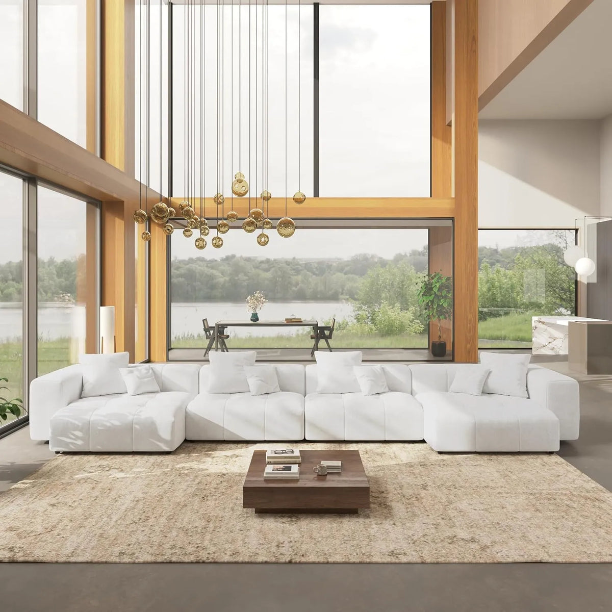 Matrix 4-Seater White U-Shaped Sectional | 6-Piece (Includes 2 Ottomans), Linen Fabric, Family Room Seating