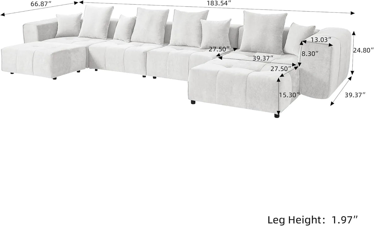 Matrix 4-Seater White U-Shaped Sectional | 6-Piece (Includes 2 Ottomans), Linen Fabric, Family Room Seating