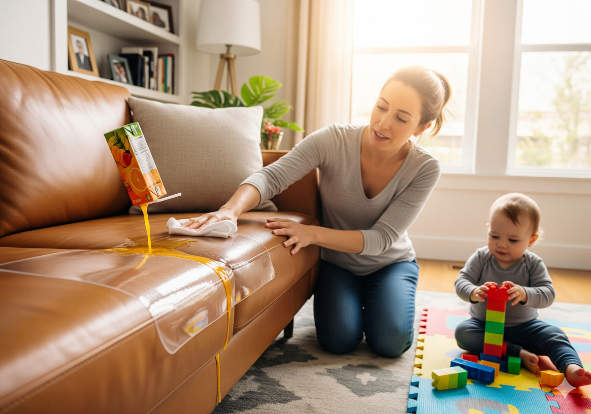 Parent cleaning a juice spill from a leather sofa