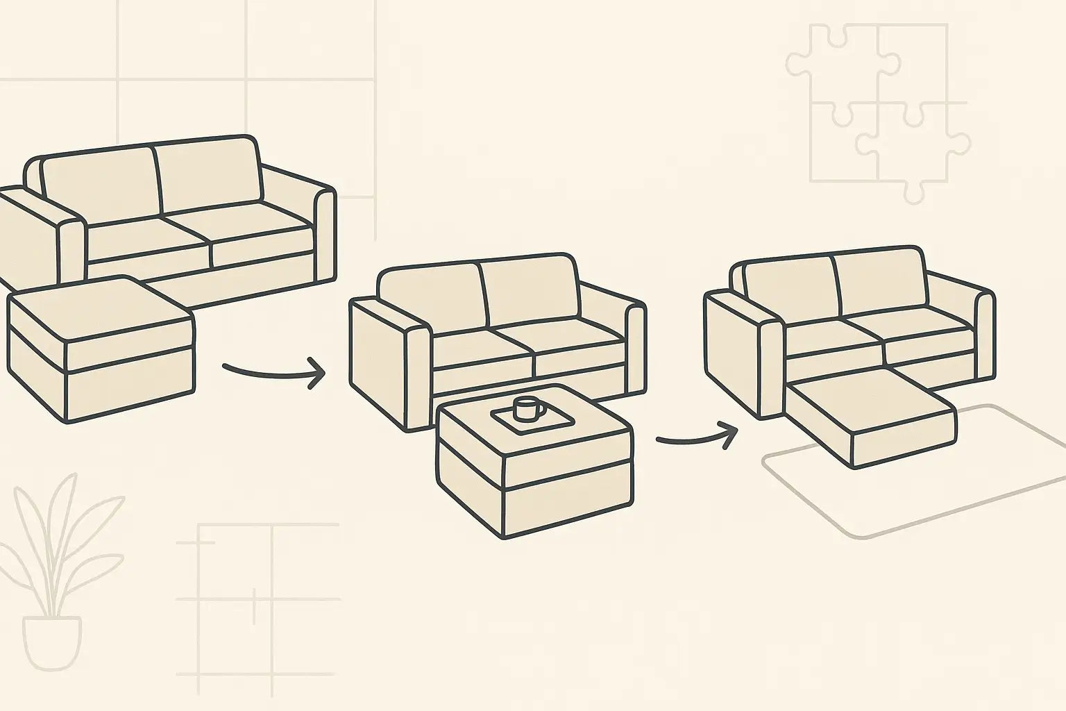 Planifica la mejor distribución de sofás modulares para tu habitación.