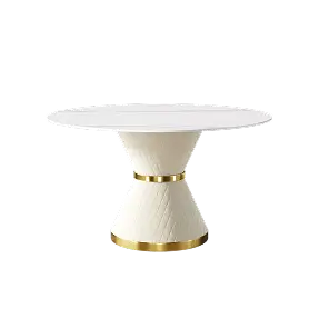 Marbella Sintered Stone Dining Table | 53" White Gloss Round With Leather-Covered Base