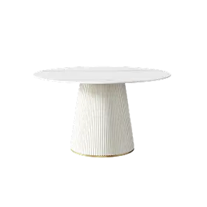 Marbella Sintered Stone Dining Table | 53" White Gloss Round With Leather-Covered Base