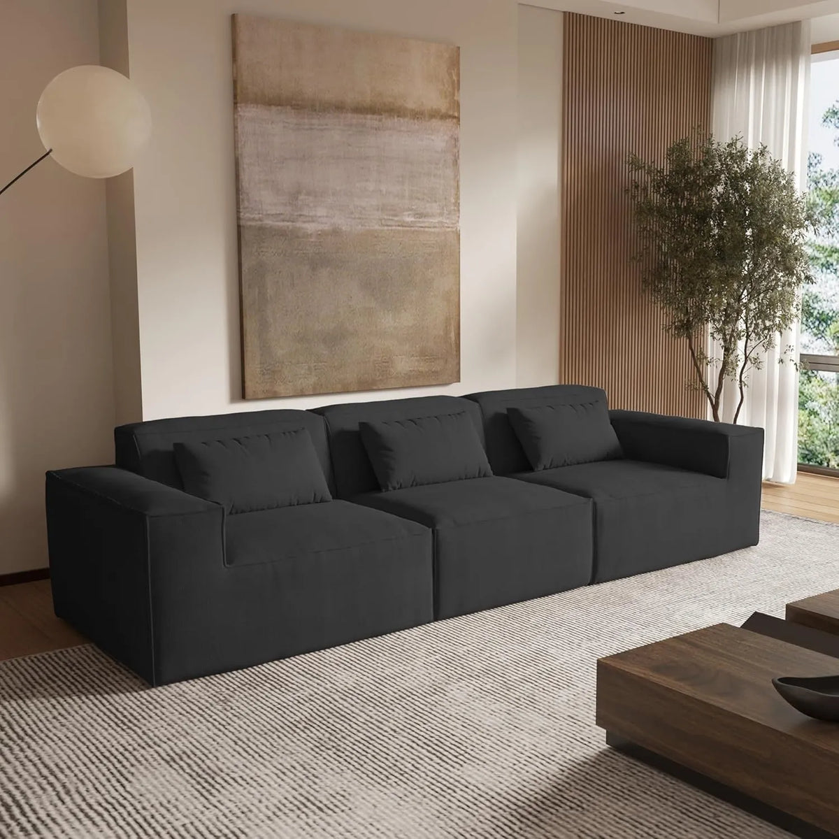 Sofá modular seccional Matrix de 3 plazas en color negro | 3 piezas, tela Cloud Velvet, diseño compacto