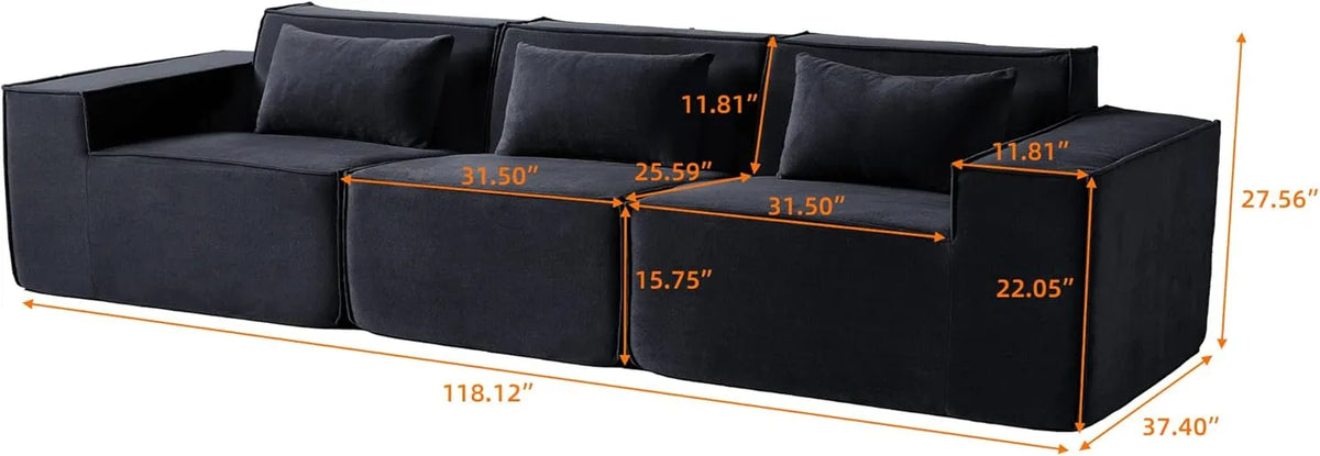 Sofá modular seccional Matrix de 3 plazas en color negro | 3 piezas, tela Cloud Velvet, diseño compacto