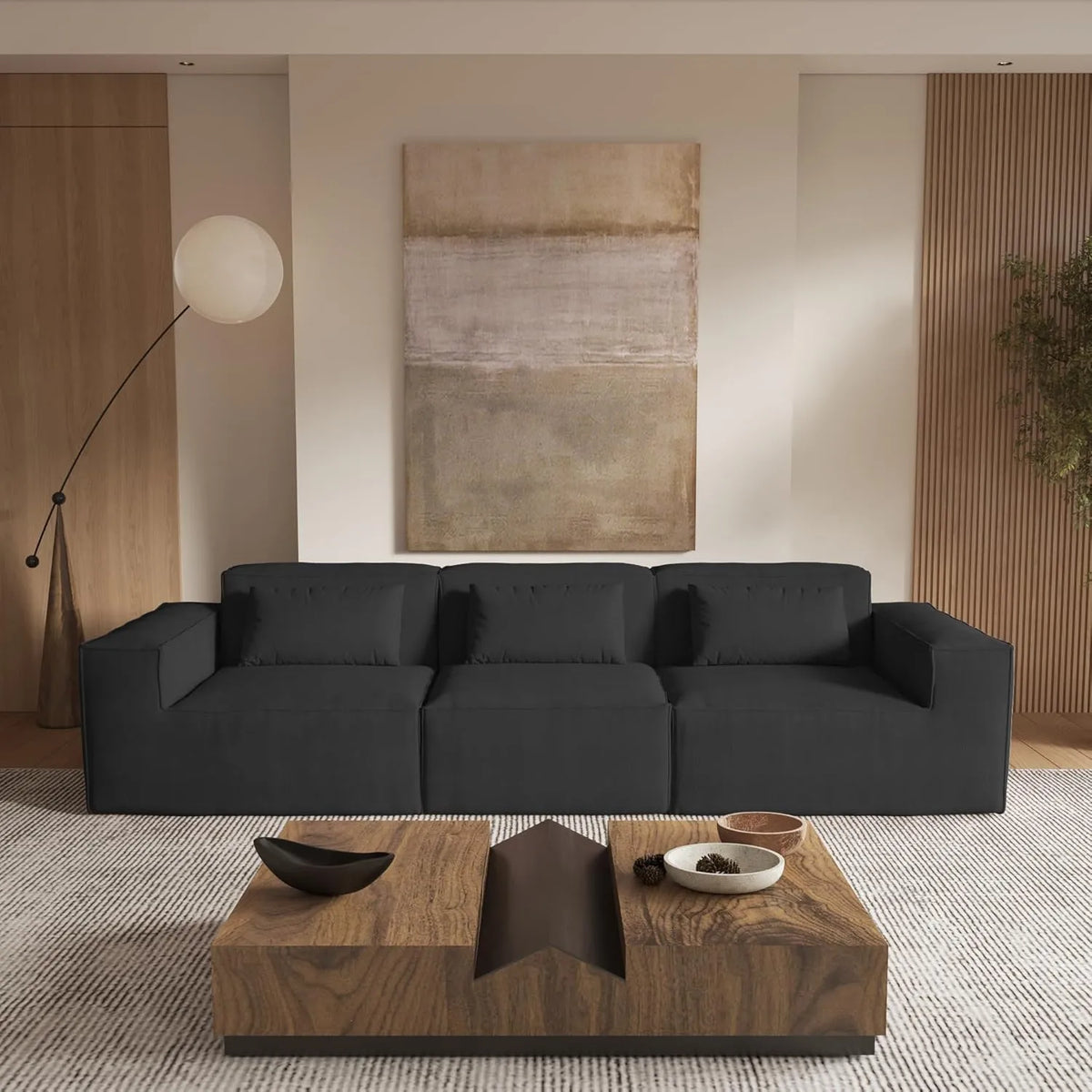 Sofá modular seccional Matrix de 3 plazas en color negro | 3 piezas, tela Cloud Velvet, diseño compacto