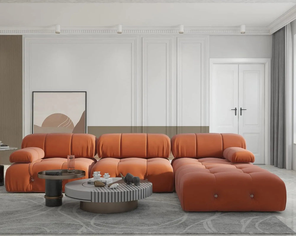 Matrix Minimalist Modular Sofas | 4-Piece Orange Velvet L-Shaped Sectionals 3-Seater