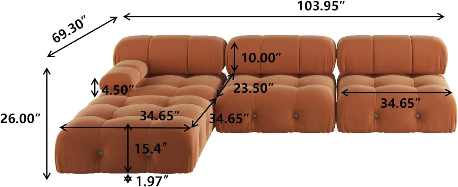 Matrix 3-Seater Dark-Orange Modular L-Shaped Sectional | 4-Piece (includes 1 Ottoman), Velvet Fabric, Large Space