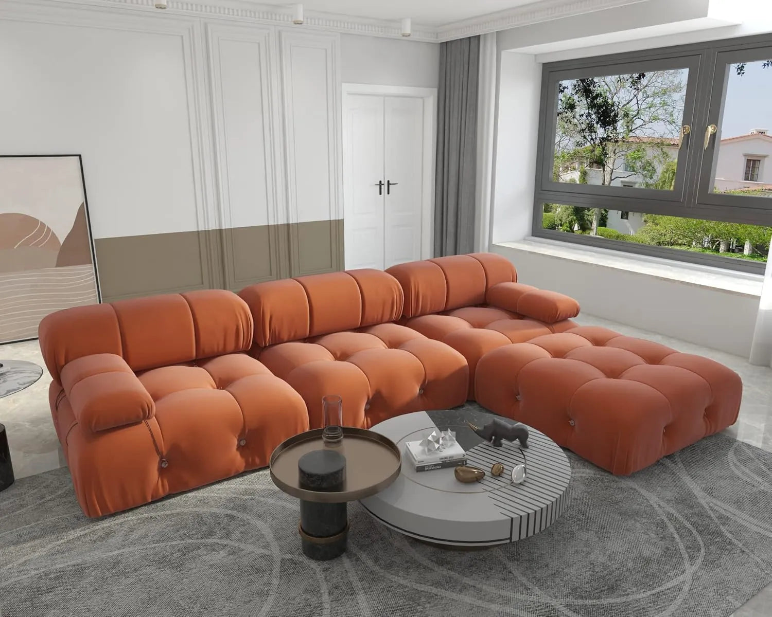 Matrix 3-Seater Dark-Orange Modular L-Shaped Sectional | 4-Piece (includes 1 Ottoman), Velvet Fabric, Large Space