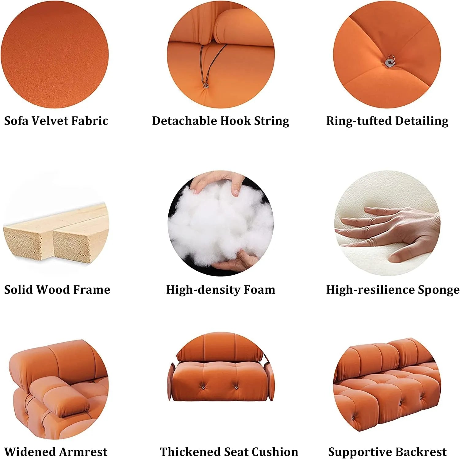 Sofá modular seccional Matrix de 3 plazas color naranja oscuro | 3 piezas, tela de terciopelo, para espacios pequeños