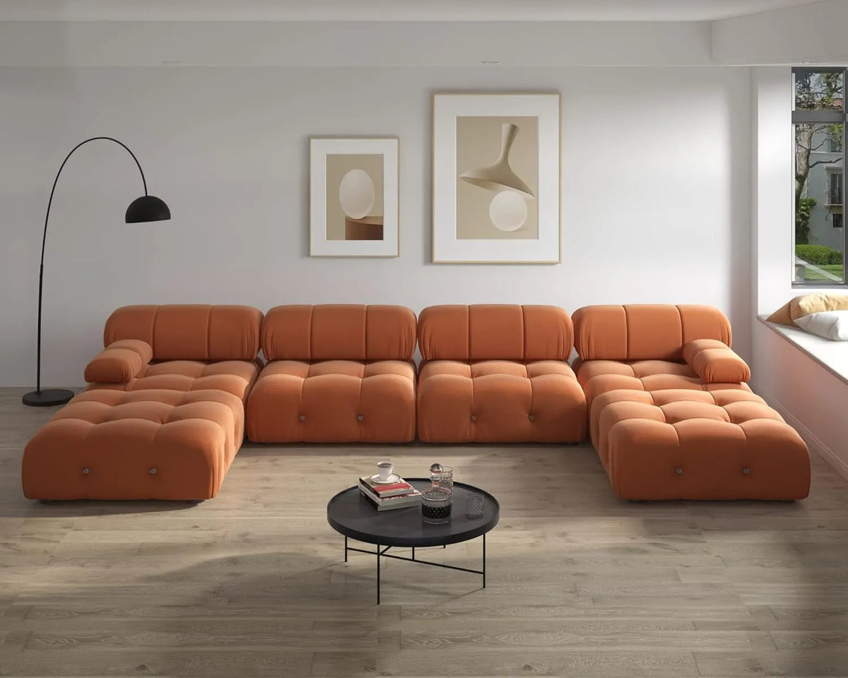Matrix 4-Seater Dark-Orange Modular U-Shaped Sectional | 6-Piece (includes 2 Ottomans), Velvet Fabric, Spacious Design