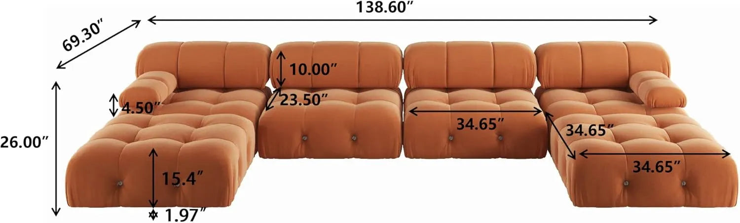 Sofá modular en forma de U Matrix de 4 plazas, color naranja oscuro | Juego de 6 piezas (incluye 2 otomanas), tapizado en terciopelo, diseño espacioso.