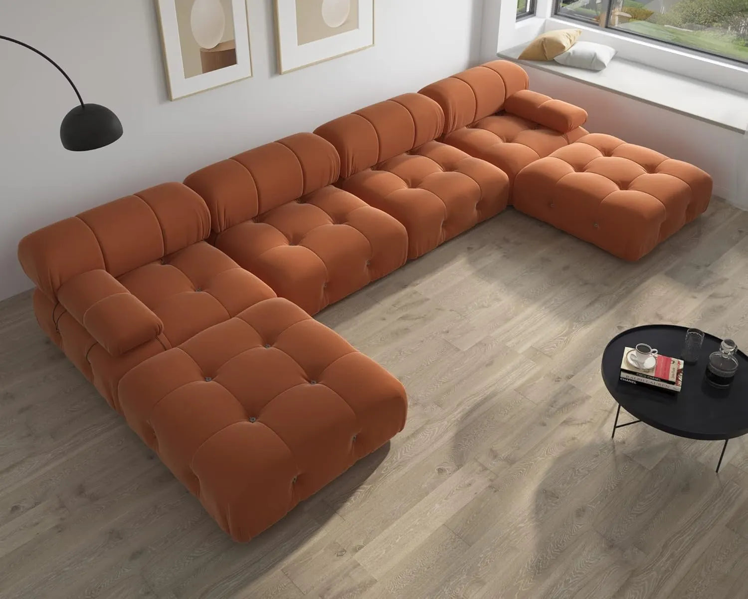Sofá modular en forma de U Matrix de 4 plazas, color naranja oscuro | Juego de 6 piezas (incluye 2 otomanas), tapizado en terciopelo, diseño espacioso.