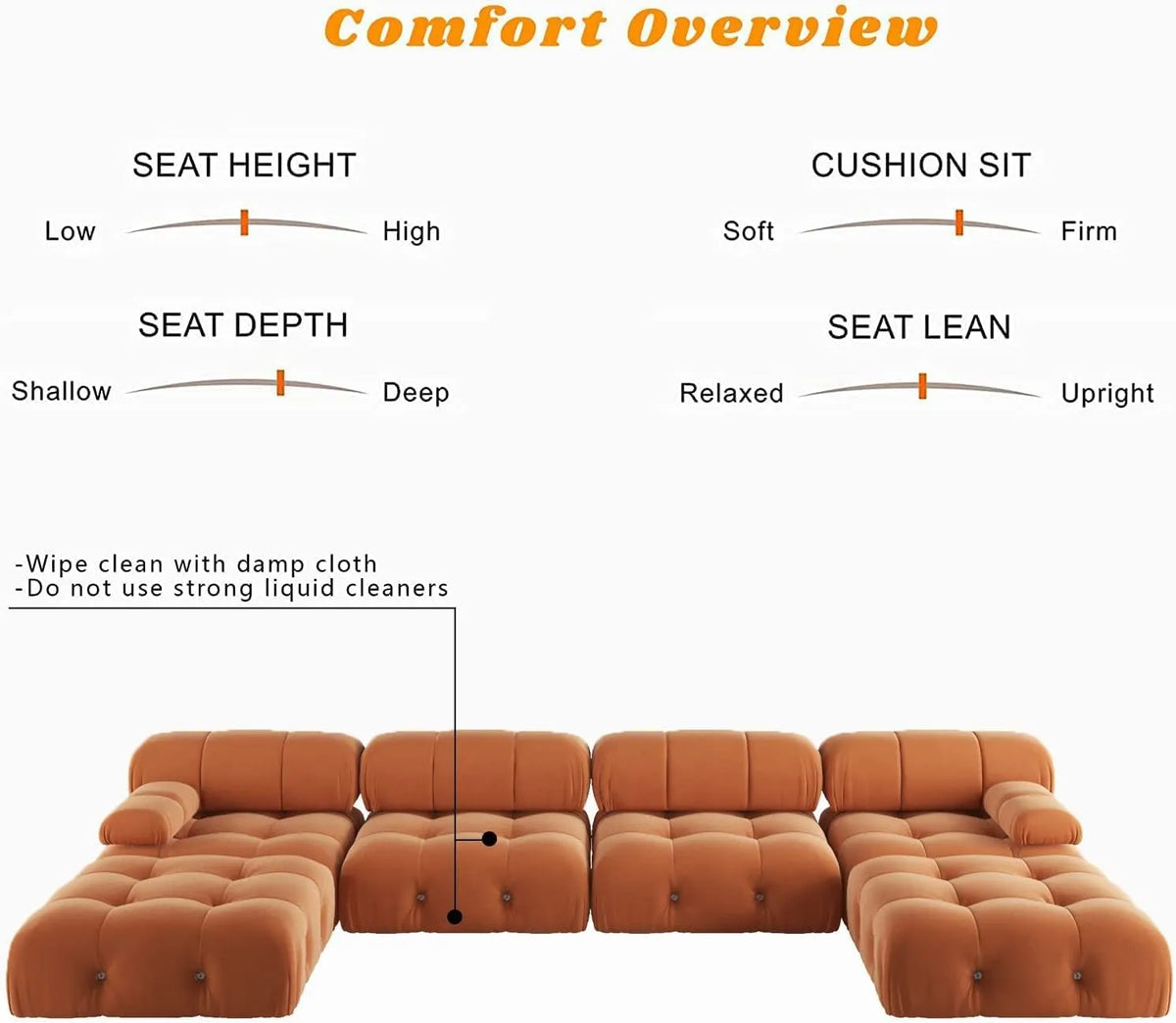 Matrix 4-Seater Dark-Orange Modular U-Shaped Sectional | 6-Piece (includes 2 Ottomans), Velvet Fabric, Spacious Design