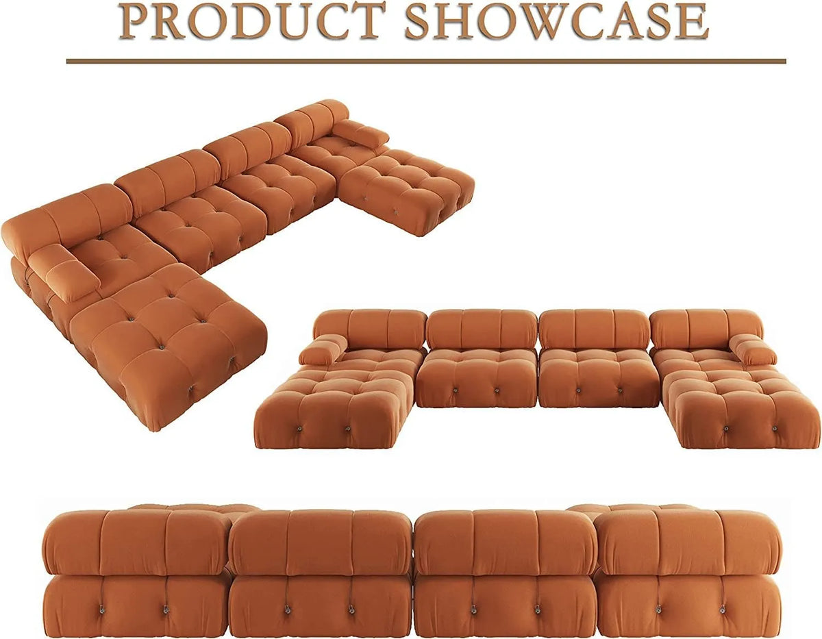 Matrix 4-Seater Dark-Orange Modular U-Shaped Sectional | 6-Piece (includes 2 Ottomans), Velvet Fabric, Spacious Design
