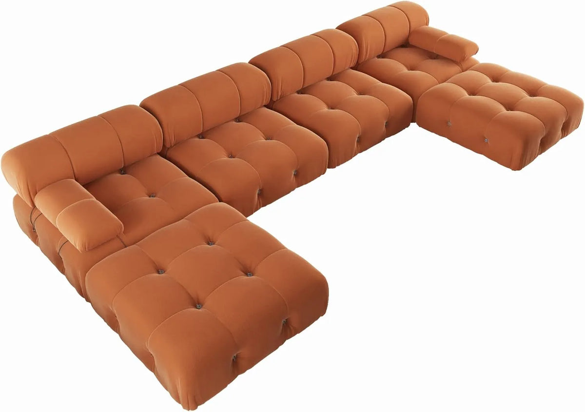 Matrix 4-Seater Dark-Orange Modular U-Shaped Sectional | 6-Piece (includes 2 Ottomans), Velvet Fabric, Spacious Design