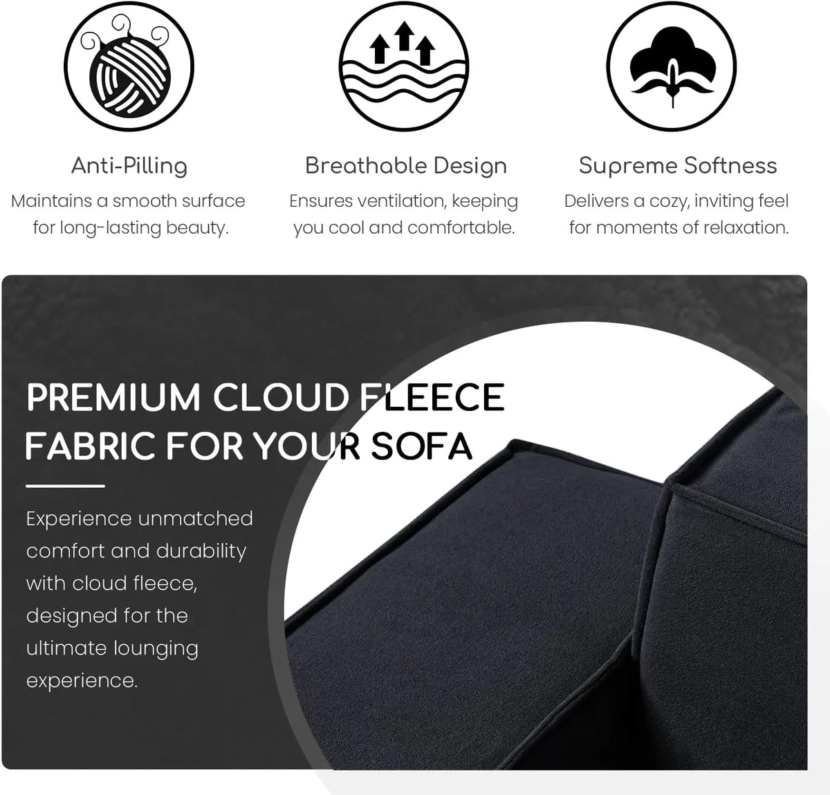 Matrix 2-Seater Black Modular Chaise Sectional | 3-Piece (includes 1 Ottoman), Cloud Velvet Fabric, Compact Design