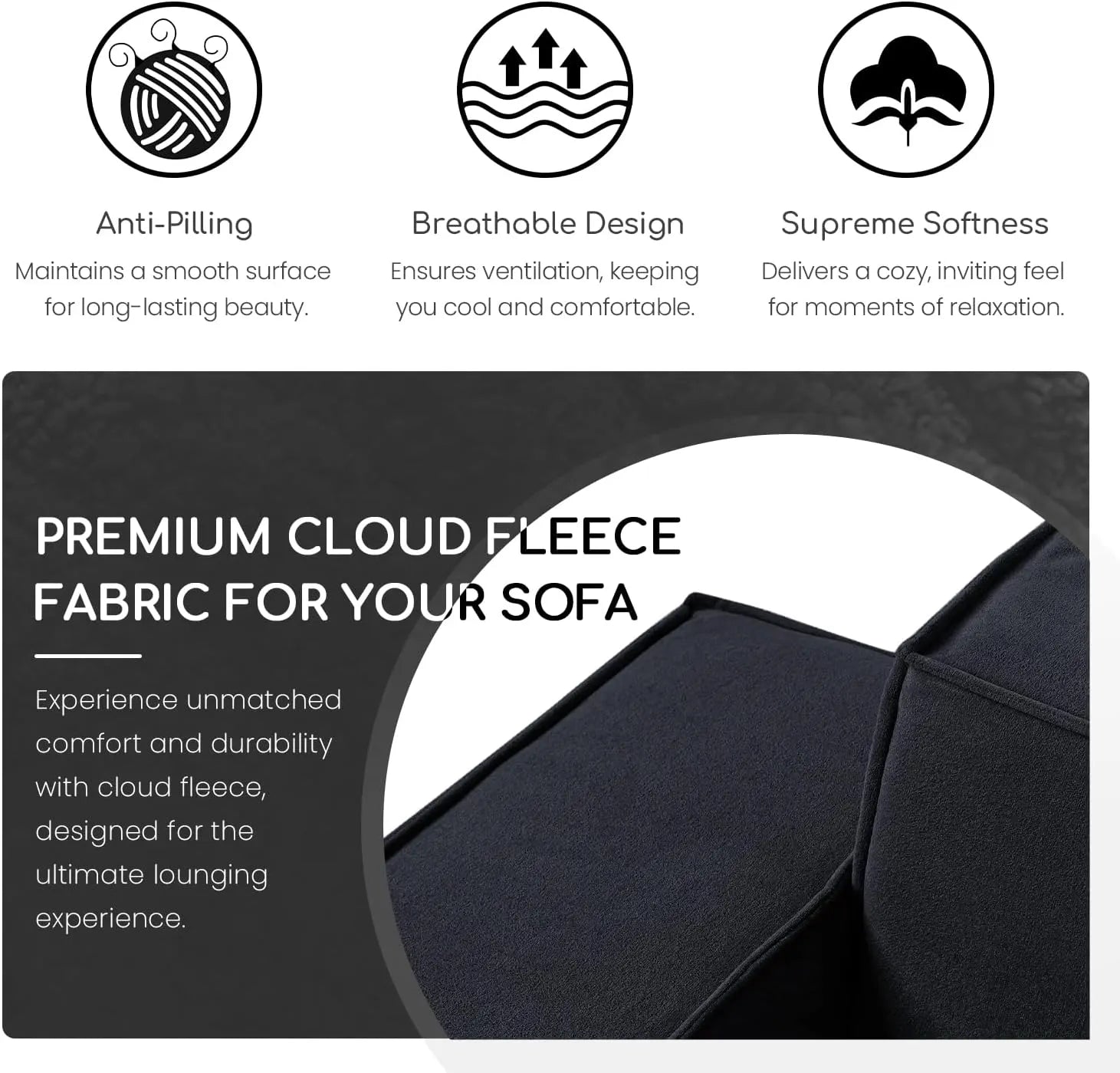Sofá modular en forma de U Matrix de 3 plazas, color negro | Juego de 5 piezas (incluye 2 otomanas), tapizado en terciopelo Cloud, diseño espacioso.